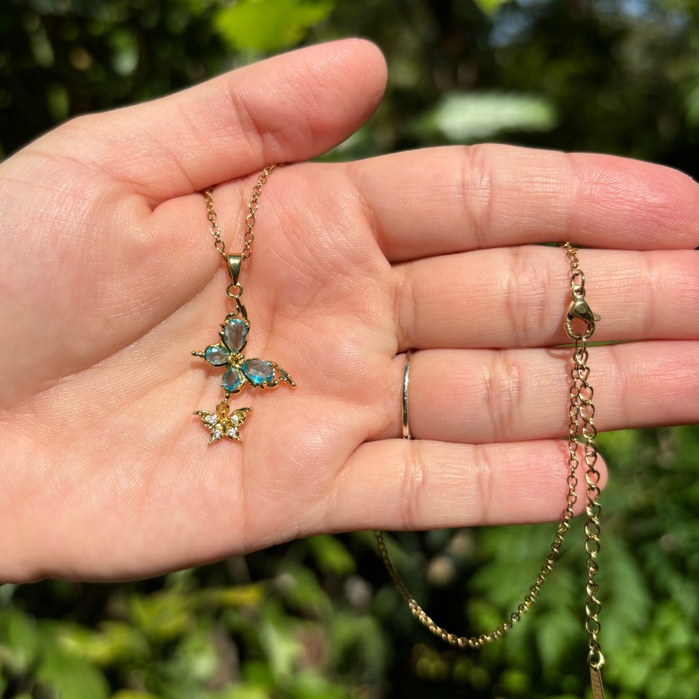 18K Gold Plated Stainless Steel Light Blue Diamond Butterfly Necklace